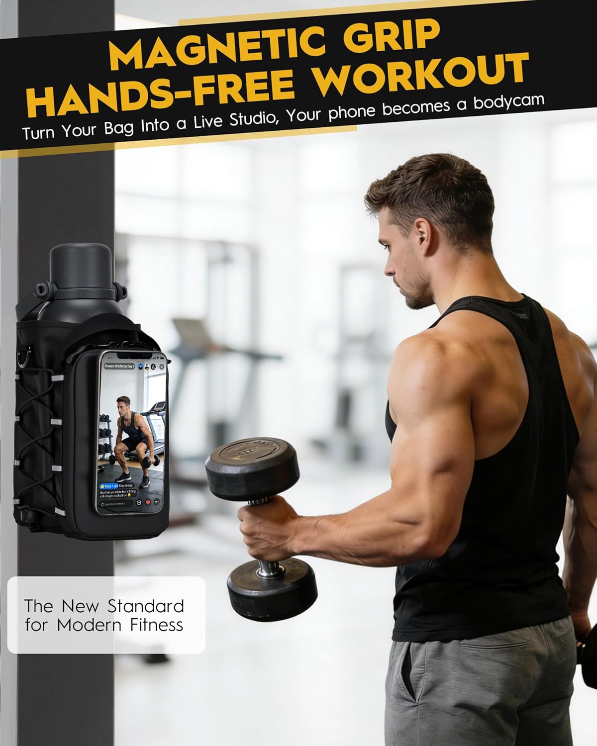 MKZ Magnetic Gym Bag for Men & Women – Strong Magnetic Phone Holder for Gym Equipment, Water Bottle Bag Crossbody with Phone Mount & Water Bottle Holder, Ideal for Workout, Running, Hiking, Travel