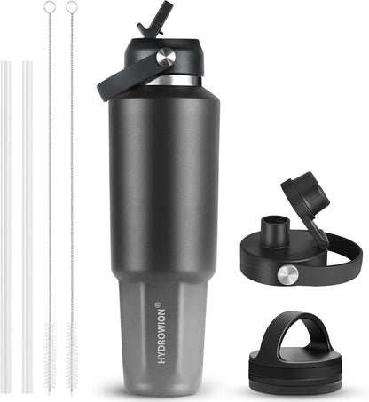 HYDROWION 32oz Stainless Steel Water Bottle(Cold for 48 Hrs, Hot for 24 Hrs),Double Wall Vacuum Insulated Water Bottle with Straw Lid, Spout Lid and Flex Cap, Fit in Any Car Cup Holder,Black