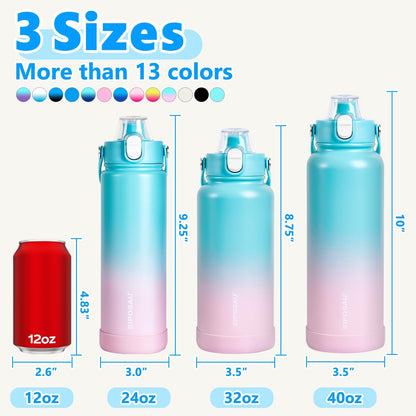 Insulated Water Bottle with Lid & Boot & Stickers, 24 oz Stainless Steel Sweat Free Bottle Keep Cold 24H, BPA-Free Sports Wide Mouth Water Bottle, BlueBlack