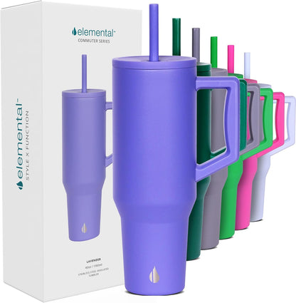 Elemental 32 oz 100% Leak Proof Tumbler with Handle & Straw - Stainless Steel Double Wall Insulated Tumbler for Hot and Cold Beverages - Travel Coffee Mug with Sip & Straw Lid - White - Colors B