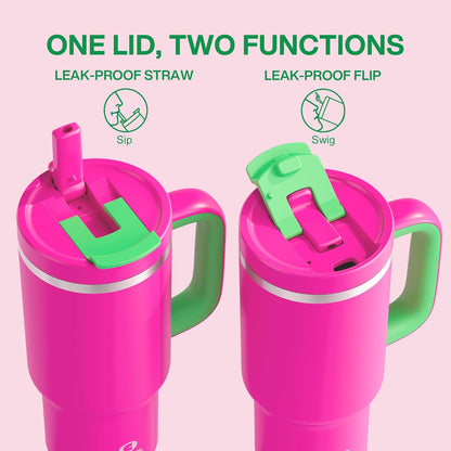 40 oz Tumbler with Handle and Straw: Stainless Steel Insulated Tumbler Keeps Cold for 24 Hours, Leakproof Travel Cup Fits in Cup Holder and BPA-Free, Cotton Candy