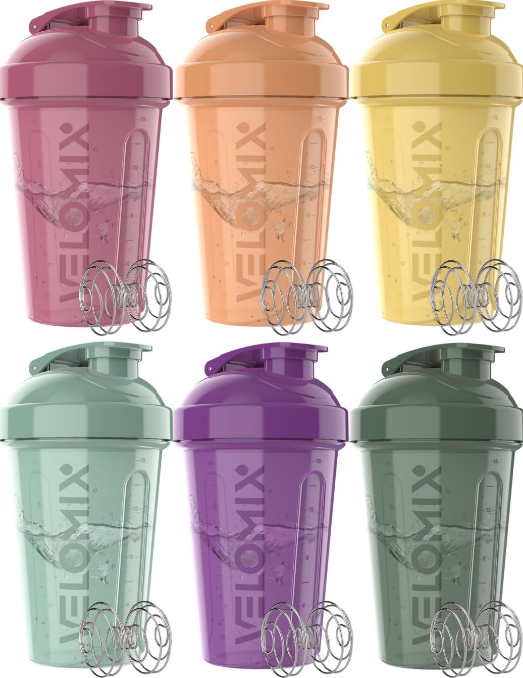 VELOMIX -6 PACK- 20 oz Protein Shaker Bottle for Protein Mixes - 6x Wire Whisk | Leak Proof Shaker Cups for Protein Shakes | Stackable Protein Shaker Bottle Pack | Dishwasher Safe (Pastel Shades)
