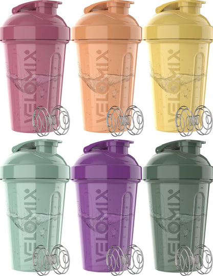 VELOMIX -6 PACK- 20 oz Protein Shaker Bottle for Protein Mixes - 6x Wire Whisk | Leak Proof Shaker Cups for Protein Shakes | Stackable Protein Shaker Bottle Pack | Dishwasher Safe (Pastel Shades)
