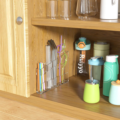 Acrylic Straw Holder for Cabinet - 9.5 Inch Clear Reusable Straw Organizer Dispenser with Ultra Sticky Adhesive Tapes, Slanted Kitchen Accessories Container Cupboard Door Mounted