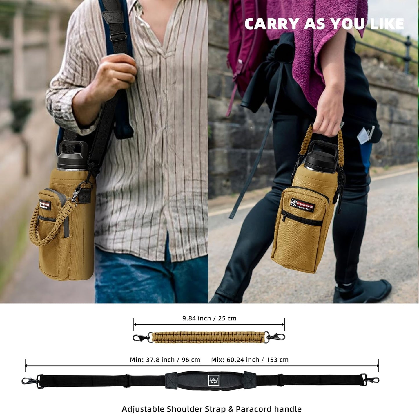 NATURE PIONEOR Water Bottle Holder with Adjustable Strap - 26/32/36/40/46/64oz Insulated Water Bottle Sling Carrier with Paracord Handle & 2 Pockets, Outdoor Sports, Hiking, Camping, Gym