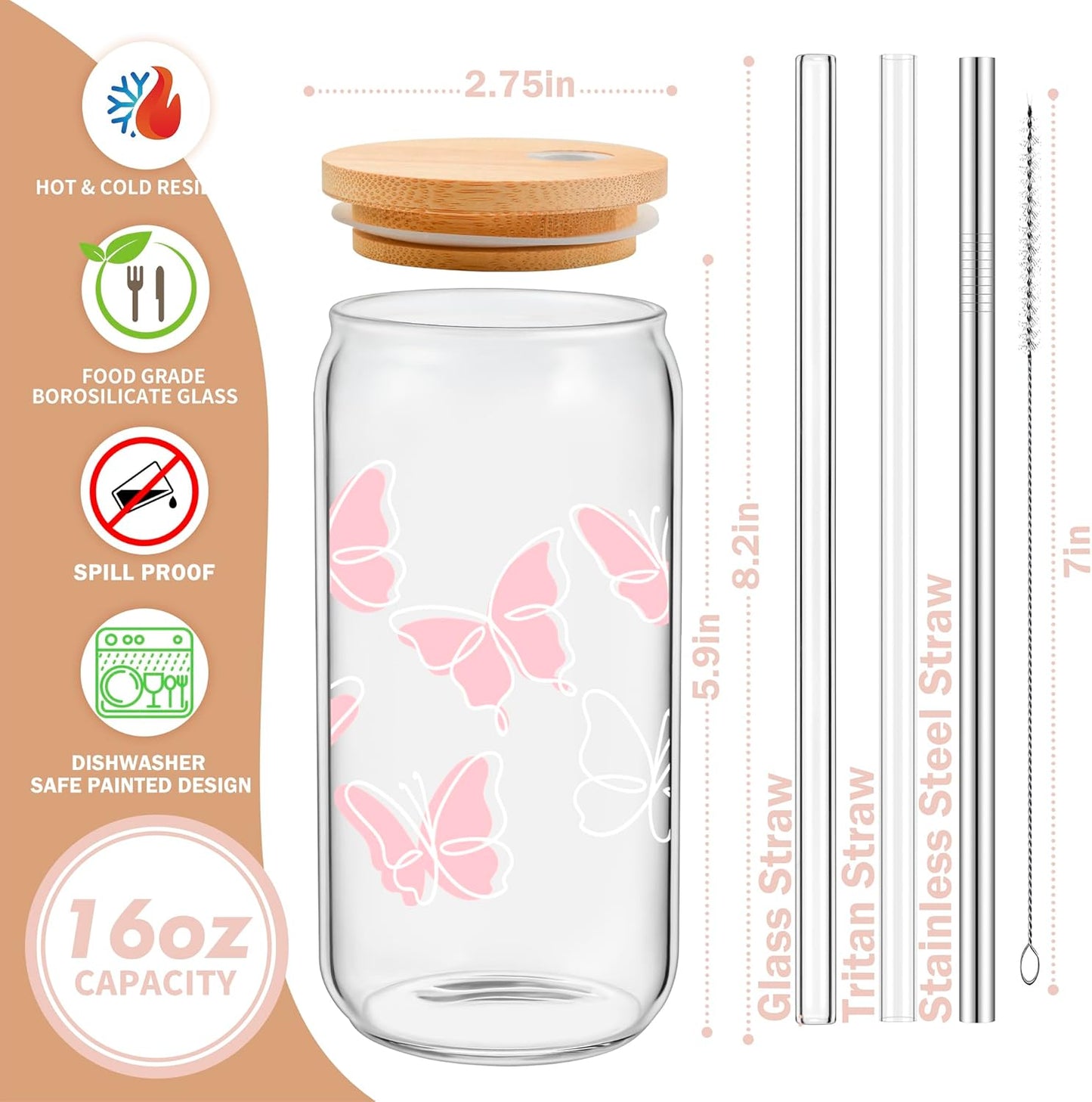 Coquette Cute Pink Bow Glass Cups with Lids and Straws, Aesthetic Iced Coffee Matcha Cup, Girly Preppy Design Tumbler Mug, Valentines Christmas Birthday Gifts for Women, Teen Girl Gifts Trendy Stuff