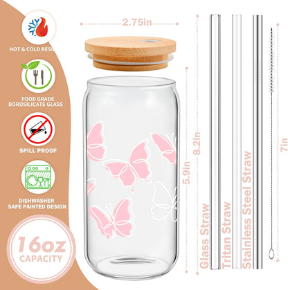 Coquette Cute Pink Bow Glass Cups with Lids and Straws, Aesthetic Iced Coffee Matcha Cup, Girly Preppy Design Tumbler Mug, Valentines Christmas Birthday Gifts for Women, Teen Girl Gifts Trendy Stuff