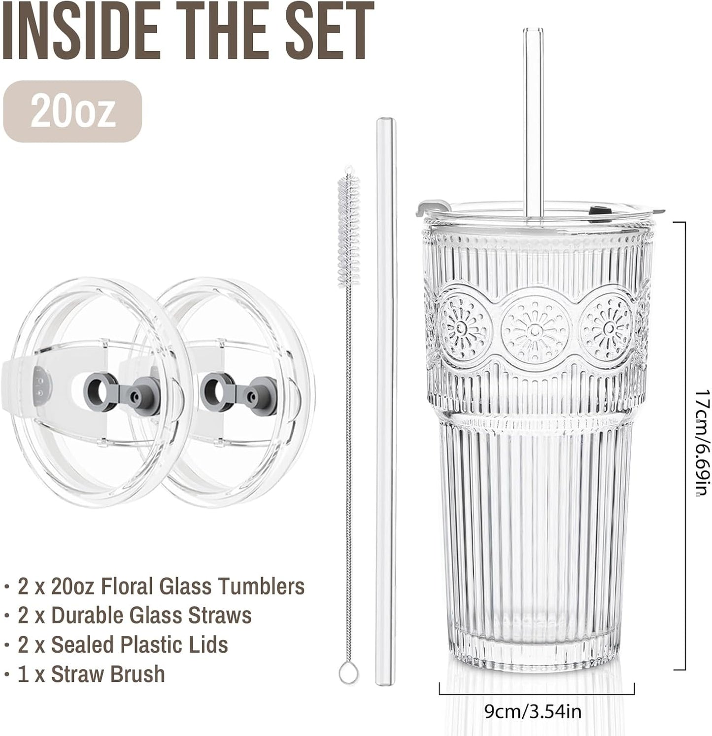 SoulTimes 20oz Ribbed & Floral Glass Tumbler Set of 2 – Reusable Glass Cups with Lid and Glass Straw, Iced Coffee Cups for Water, Smoothie, Milk, Cocktail & More – Perfect for Daily Use & Travel