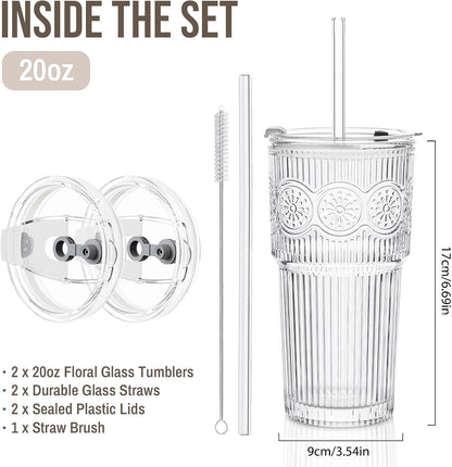 SoulTimes 20oz Ribbed & Floral Glass Tumbler Set of 2 – Reusable Glass Cups with Lid and Glass Straw, Iced Coffee Cups for Water, Smoothie, Milk, Cocktail & More – Perfect for Daily Use & Travel