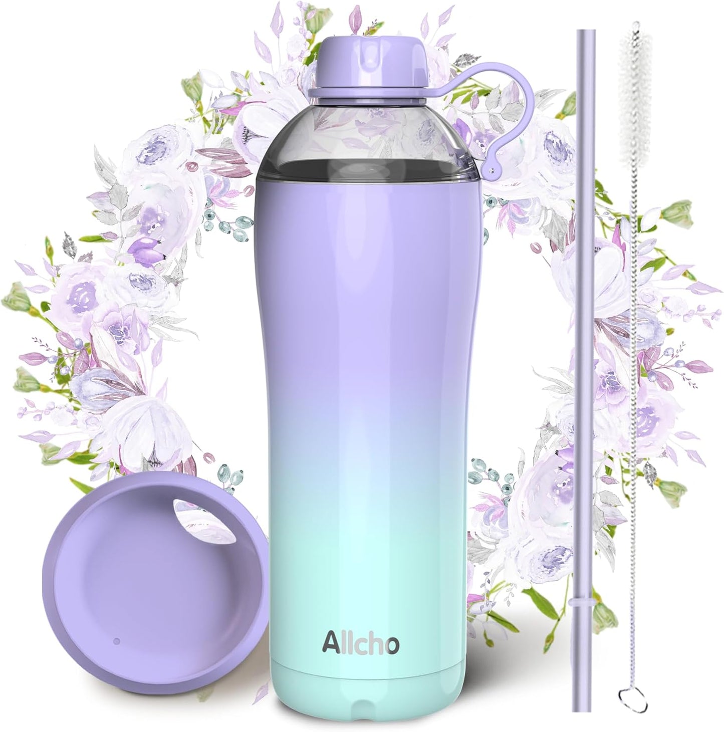 Allcho Insulated Water Bottle for Women, 18oz Stainless Steel Leak Proof Tumbler with 2 Lids, BPA-Free Tritan Chug & Straw Lid, Double Wall Vacuum Flask