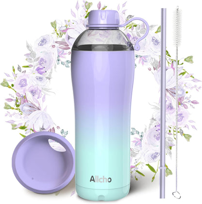 Allcho Insulated Water Bottle for Women, 18oz Stainless Steel Leak Proof Tumbler with 2 Lids, BPA-Free Tritan Chug & Straw Lid, Double Wall Vacuum Flask