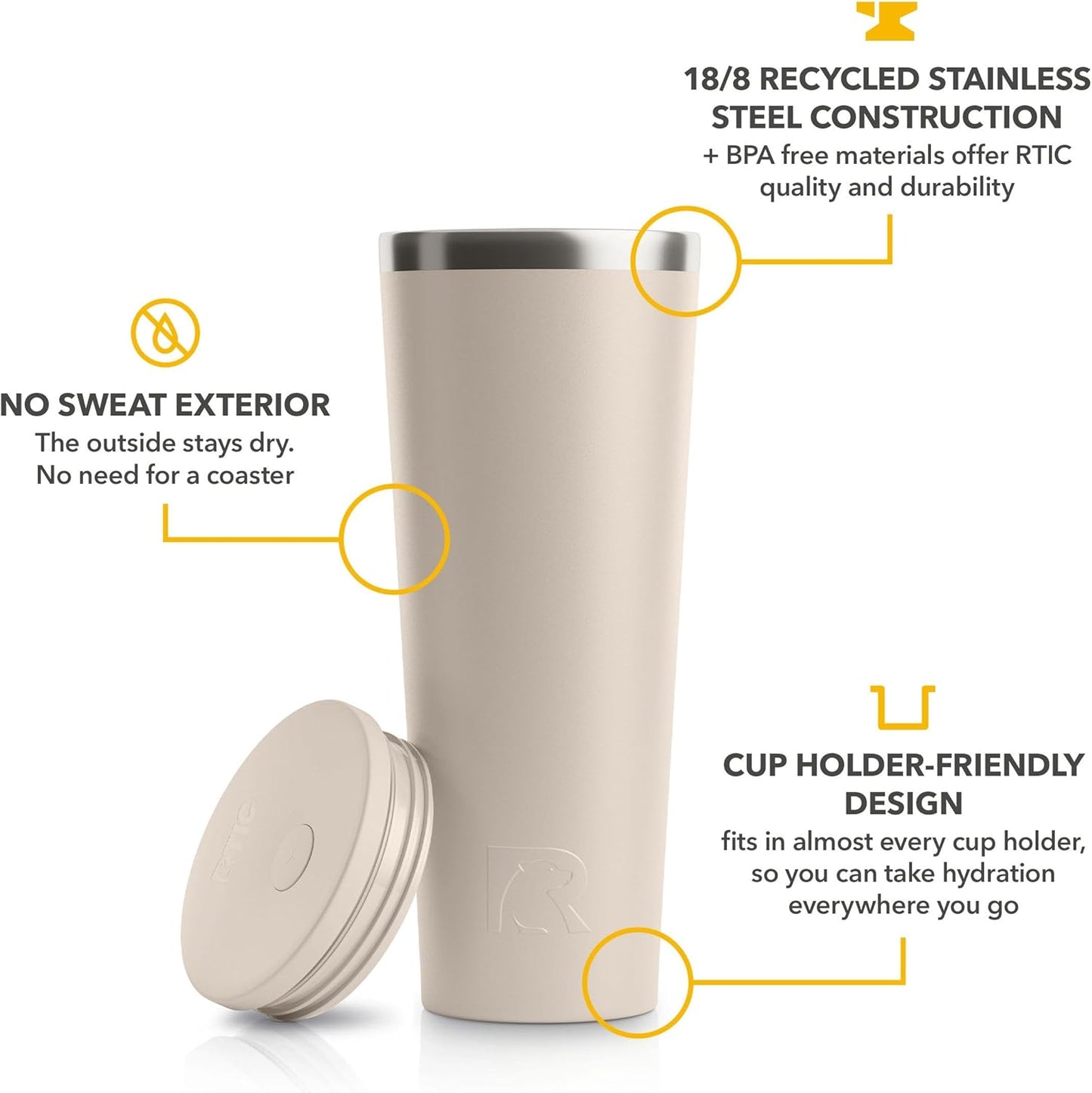 RTIC 20oz Everyday Tumbler Insulated Stainless Steel Portable Travel Coffee Cup with Straw, Ceramic Lining, Spill-Resistant Lid, BPA-Free, Hot and Cold Drink, Beach