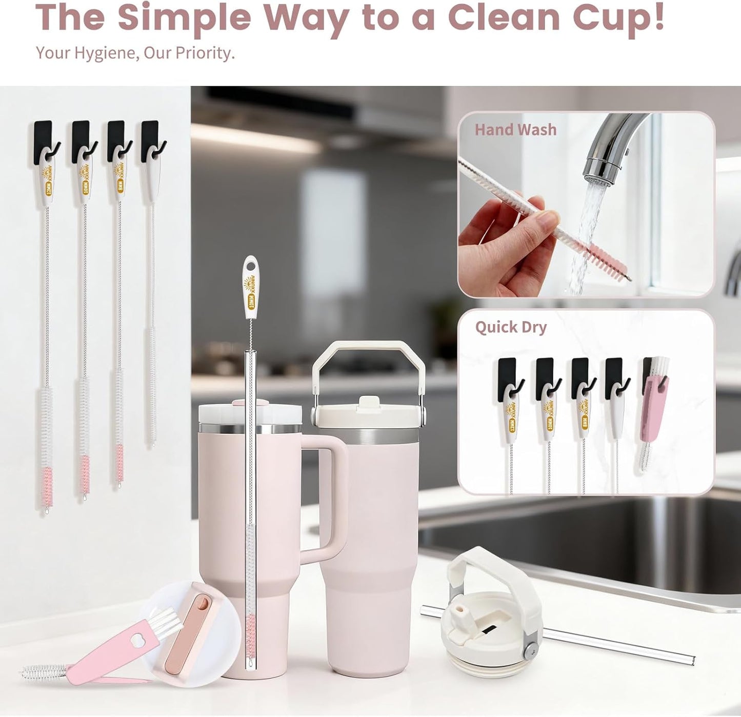 15 Inch Extra Long Straw Cleaner Brush Set, 5 Pcs Reusable Cleaning Brushes for Stanley 40 oz Tumbler, Owala, Yeti, Includes 4 Flexible Straw Brushes and 1 3-in-1 Cup Lid Gap Cleaning Tool(Pink)