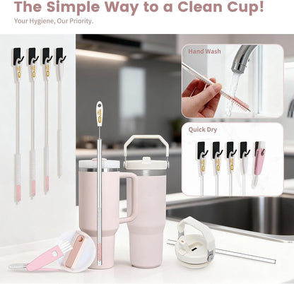 15 Inch Extra Long Straw Cleaner Brush Set, 5 Pcs Reusable Cleaning Brushes for Stanley 40 oz Tumbler, Owala, Yeti, Includes 4 Flexible Straw Brushes and 1 3-in-1 Cup Lid Gap Cleaning Tool(Pink)