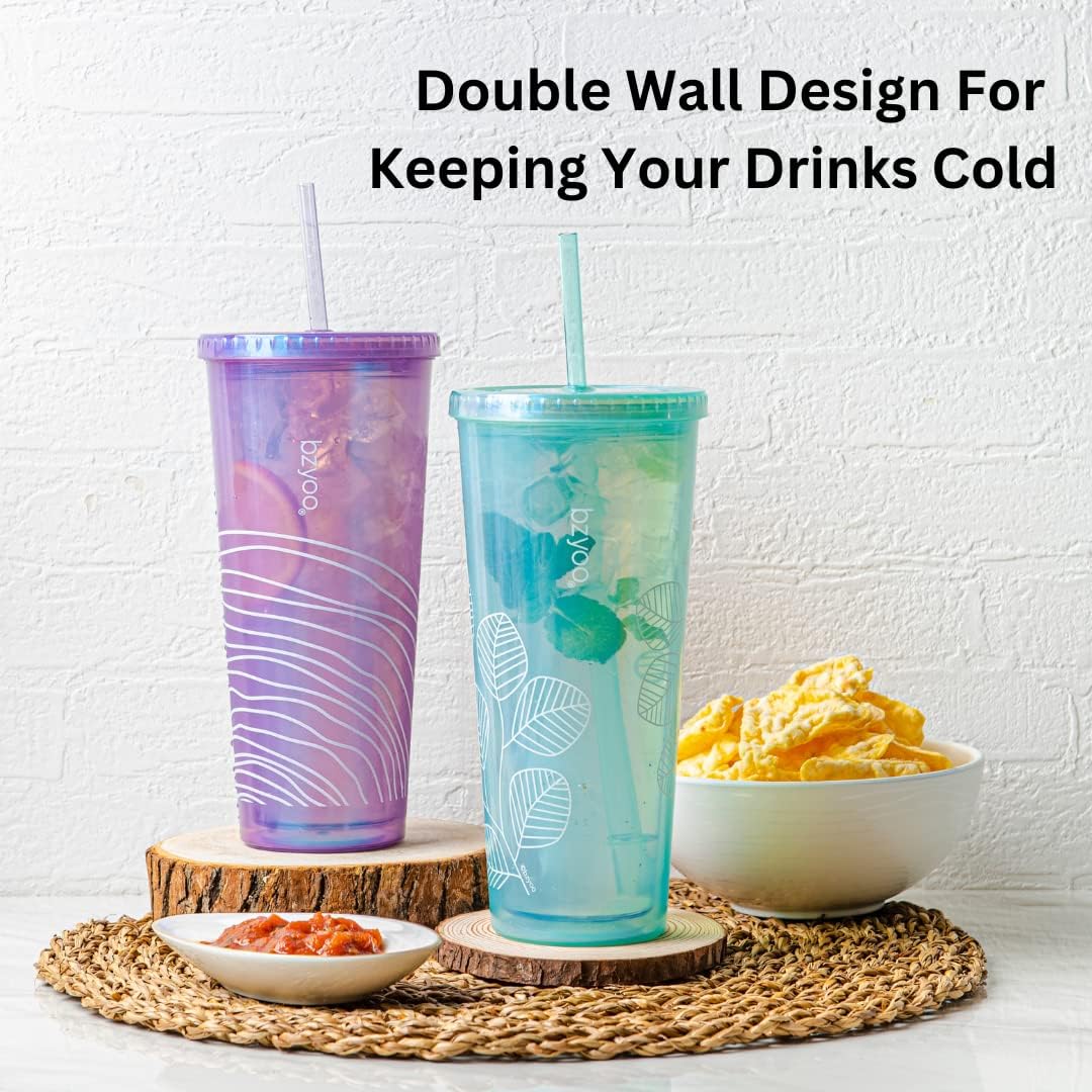bzyoo SIP 24oz (710ml) Double Wall Plastic Tumbler with Lid and Straw Cold Drink Travel Mug Reusable Party Cup Perfect for Office Ice Coffee or Tea and Gift Color: Pink & Purple