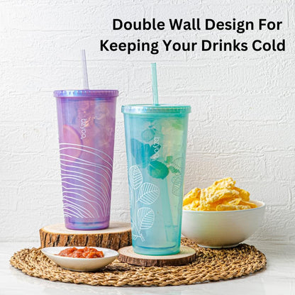 bzyoo SIP 24oz (710ml) Double Wall Plastic Tumbler with Lid and Straw Cold Drink Travel Mug Reusable Party Cup Perfect for Office Ice Coffee or Tea and Gift Color: Pink & Purple
