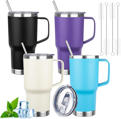 20oz Insulated Tumbler with Handle Stainless Steel Travel Coffee Mug with Lid and Straw Double Wall Vacuum Leak-proof Reusable Thermal Water Cup for Hot and Cold Drinks (Purple,1 Pack)