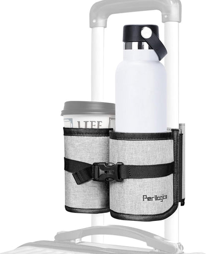 Perilogics Luggage Travel Cup Holder Hands Free Drink Caddy for Suitcase Handle. Perfect Airplane Travel Essential Accessory Gift for Frequent Traveler, Flight Attendant or with Children (Dark Gray)