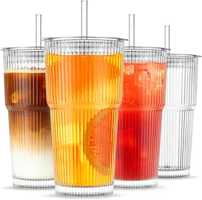 INSETLAN 20 oz Ribbed Glass Tumblers with Lids and Glass Straws – 4-Piece Glassware Set, Thickened Wall, Ideal for Iced Coffee, Smoothies, Cocktails, and Juices – Elegant and Durable Drinkware