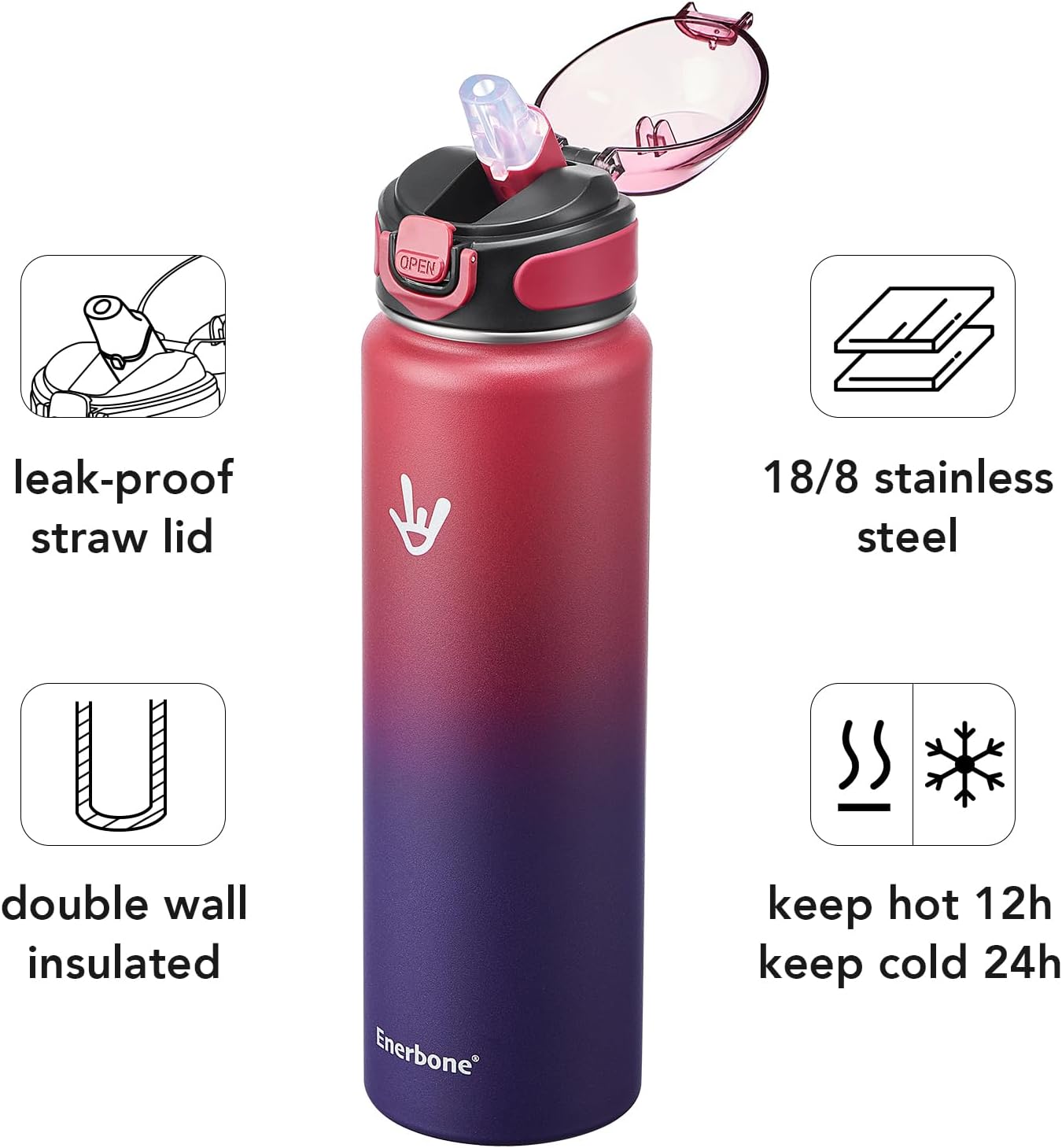 Enerbone 24 oz Insulated Water Bottle, Stainless Steel Bottle with Carrying Strap, Double-Wall Vacuum Insulation Design, Leakproof Sports Bottle with Straw, Keep Drinks Cold or Hot for Hours