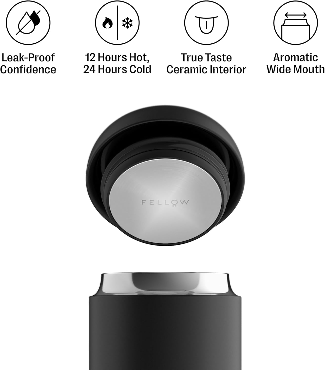 Fellow 12 oz Carter Wide Travel Mug - Wide Mouth Vacuum-Insulated Stainless Steel Coffee Mug - Tea and Coffee Tumbler with Ceramic Interior - Matte Black