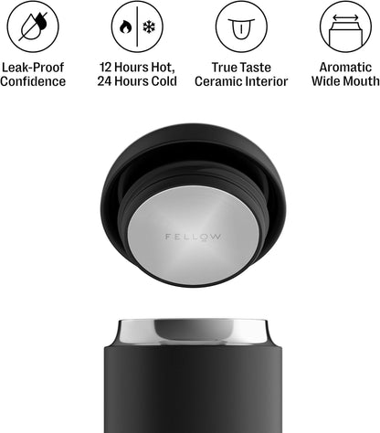 Fellow 12 oz Carter Wide Travel Mug - Wide Mouth Vacuum-Insulated Stainless Steel Coffee Mug - Tea and Coffee Tumbler with Ceramic Interior - Matte Black