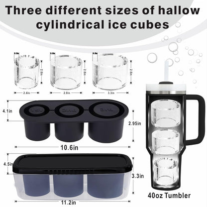 2pc Tumbler Ice Tray for Stanley/Yeti/Simple Modern etc. 30-40oz Tumblers, Silicone Ice Cube Tray for Tumblers with Bin and Lid, Black