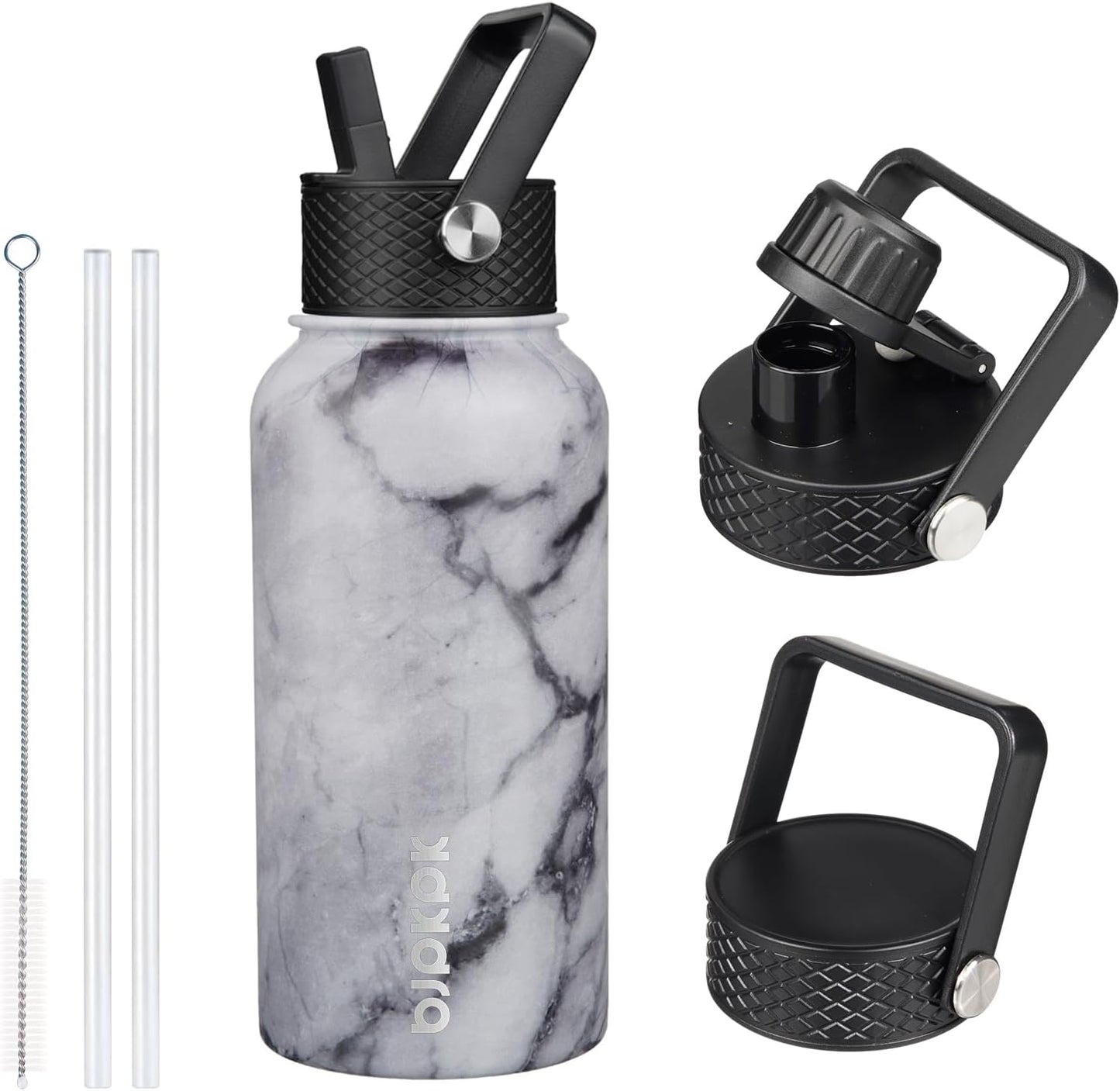BJPKPK Insulated Water Bottles with Straw Lid, 40oz Stainless Steel Water Bottles with 3 Lids, BPA Free Leakproof Thermo, Tumblers, Cups for Sports, Gym- Midnight - Colors A