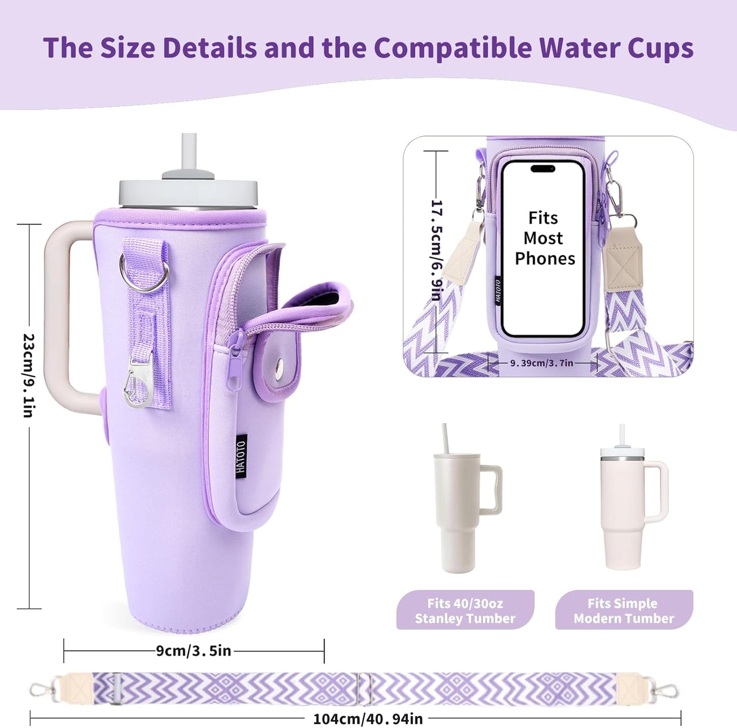Water Bottle Holder with Strap for Stanley Cup 40/30oz, Insulated Neoprene Stanley Cup Holder with Strap for Tumbler with Handle Stanley Carrier Bag Cross-body Bag for Walking
