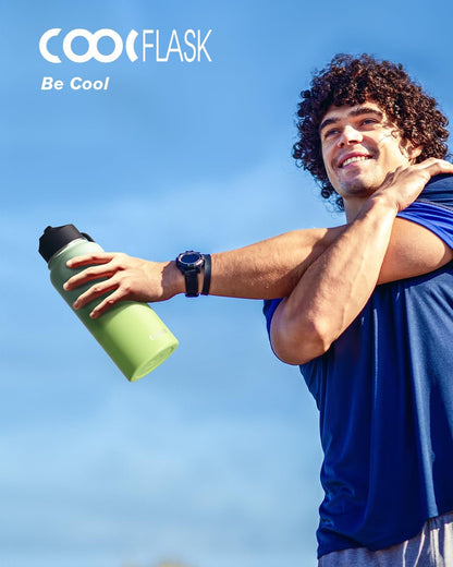 Half Gallon Water Bottle Insulated with Straw & 3 Lids, Coolflask 64 oz Water Jug Large Metal Stainless Steel Wide Mouth for Sports, Gym or Office, Non-BPA Keep Cold 48H Hot 24H, Samurai Cyan