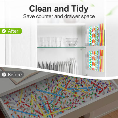 9.5” Large Acrylic Straw Holder for Cabinet Door with Detachable Ultra Sticky Adhesive Squares and Stickers, 2026 Reusable Straws Organizer Storage Dispenser for Kitchen Counter Cupboard