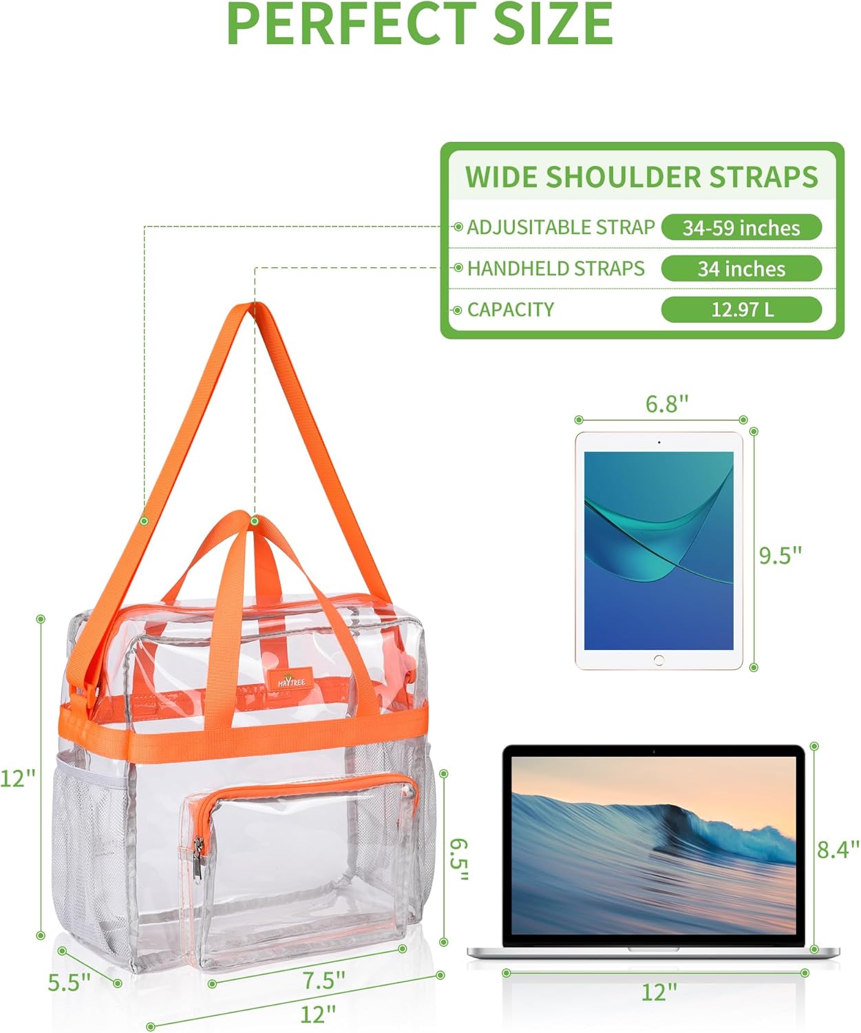MAY TREE Clear Bag for Stadium Events, 12×5.5×12 Clear Tote Lunch Bag with Non-detachable Reinforced Straps for Work, Sporting Events and Gym, Black
