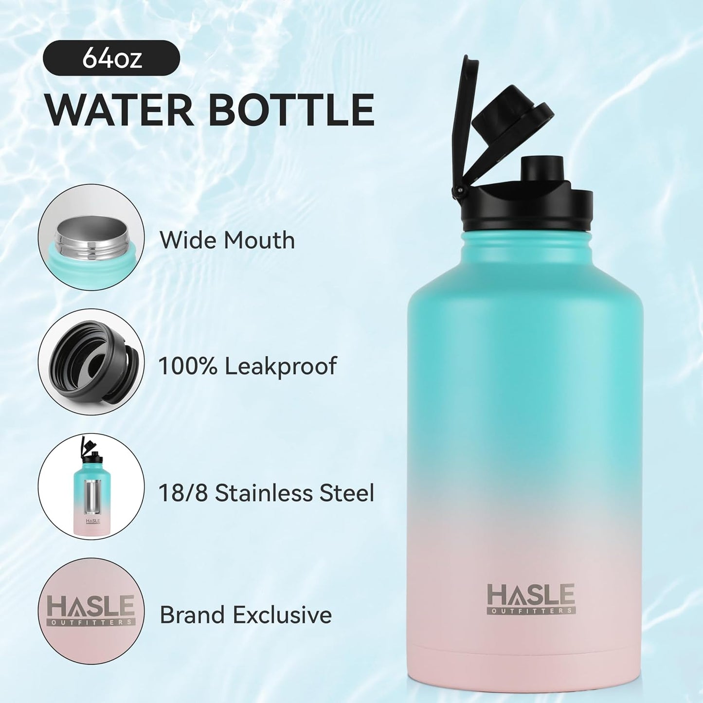 HASLE OUTFITTERS 32 oz Insulated Water Bottle Stainless Steel Double Walled Vacuum Sports Water Bottle with 2 Lids (Straw and Spout Lid) for Gym Camping Hiking(Black,1)