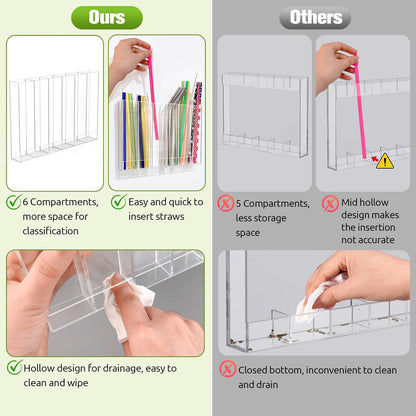 9.6” Large Acrylic Straw Holder for Cabinet Door - 6 compartments, easy to clean, Reusable Tumbler Straw Organizer Storage, Small Kitchen Accessories Container, Ultra Sticky Cupboard Door Mounted