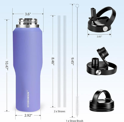 HYDROWION 32oz Stainless Steel Water Bottle(Cold for 48 Hrs, Hot for 24 Hrs),Double Wall Vacuum Insulated Water Bottle with Straw Lid, Spout Lid and Flex Cap, Fit in Any Car Cup Holder,Black