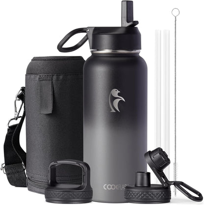 Half Gallon Water Bottle Insulated with Straw & 3 Lids, Coolflask 64 oz Water Jug Large Metal Stainless Steel Wide Mouth for Sports, Gym or Office, Non-BPA Keep Cold 48H Hot 24H, Samurai Cyan