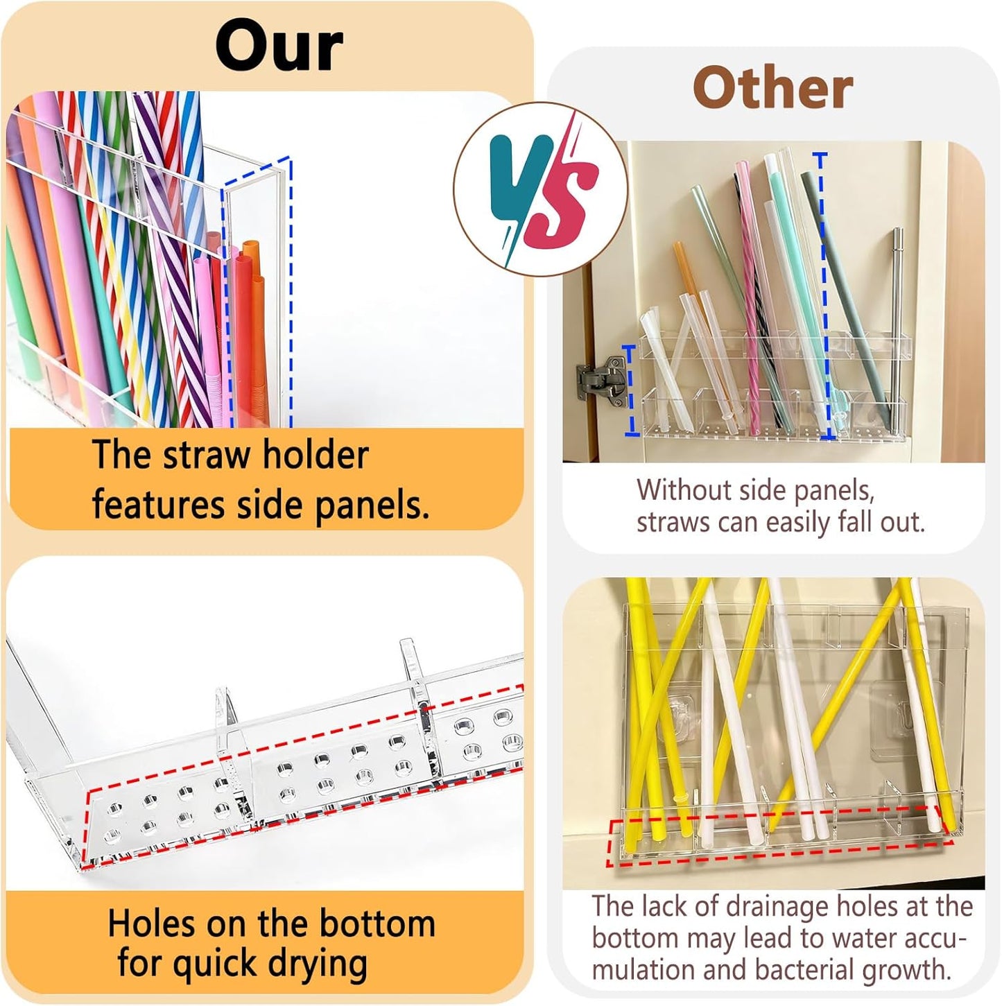 New Upgrade 9.5" Large Acrylic Straw Holder for Cabinet Door-Reusable Tumbler Straw Organizer Storage,Small Kitchen Organizers and Storage Accessories Container,Ultra Sticky Cupboard Door Mounted