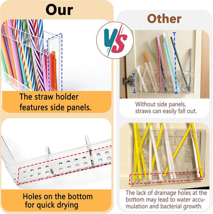 New Upgrade 9.5" Large Acrylic Straw Holder for Cabinet Door-Reusable Tumbler Straw Organizer Storage,Small Kitchen Organizers and Storage Accessories Container,Ultra Sticky Cupboard Door Mounted