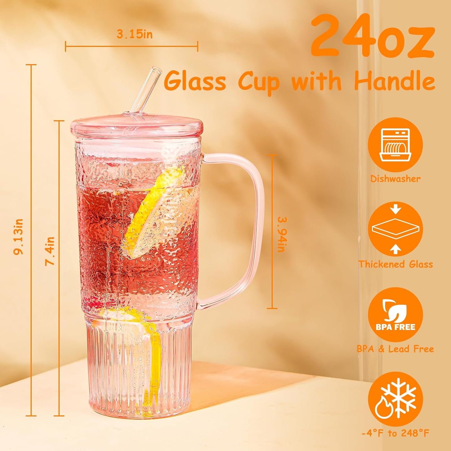 JunVpic Glass Cups with Lids and Straws,24oz Glass Tumbler with Handle Iced Coffee Cup for Coffee,Juice,Tea,Milk,Smoothie,Hot & Cold Drinks (Pink)