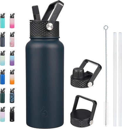 BJPKPK Insulated Water Bottles with Straw Lid, 40oz Stainless Steel Water Bottles with 3 Lids, BPA Free Leakproof Thermo, Tumblers, Cups for Sports, Gym- Midnight - Colors A