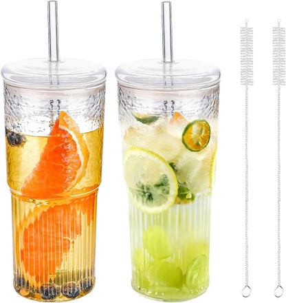 SUROQUE 20oz Ribbed Glass Tumblers with Lids & Straws, Ideal for Iced Coffee, Cocktails & More - Includes Cleaning Brush