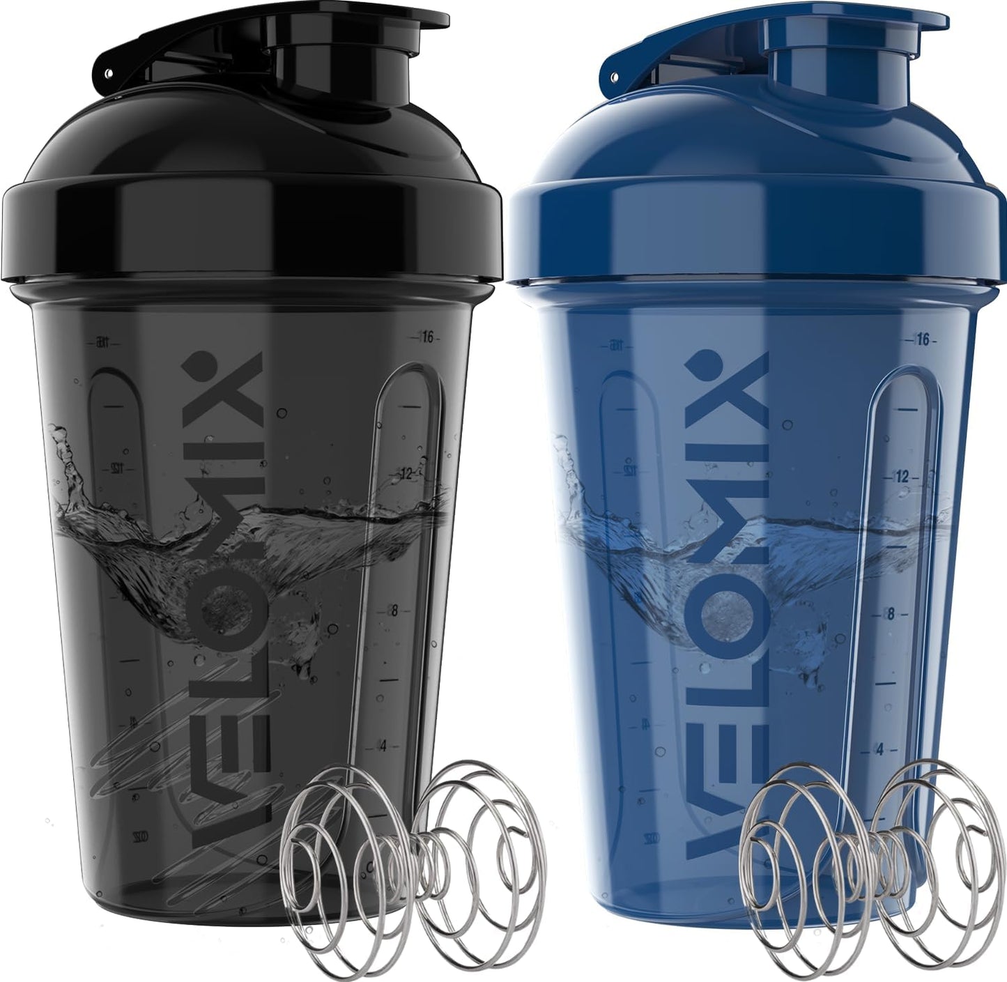 VELOMIX -2 Pack- 20 oz Protein Shaker Bottles for Protein Mixes - 2x Wire Whisk | Leak Proof Shaker Cups for Protein Shakes and Pre Workout | Protein Shaker Bottle Pack (Black/Transparent)