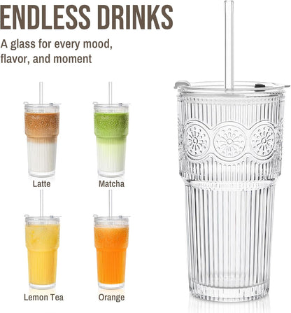SoulTimes 20oz Ribbed & Floral Glass Tumbler Set of 2 – Reusable Glass Cups with Lid and Glass Straw, Iced Coffee Cups for Water, Smoothie, Milk, Cocktail & More – Perfect for Daily Use & Travel