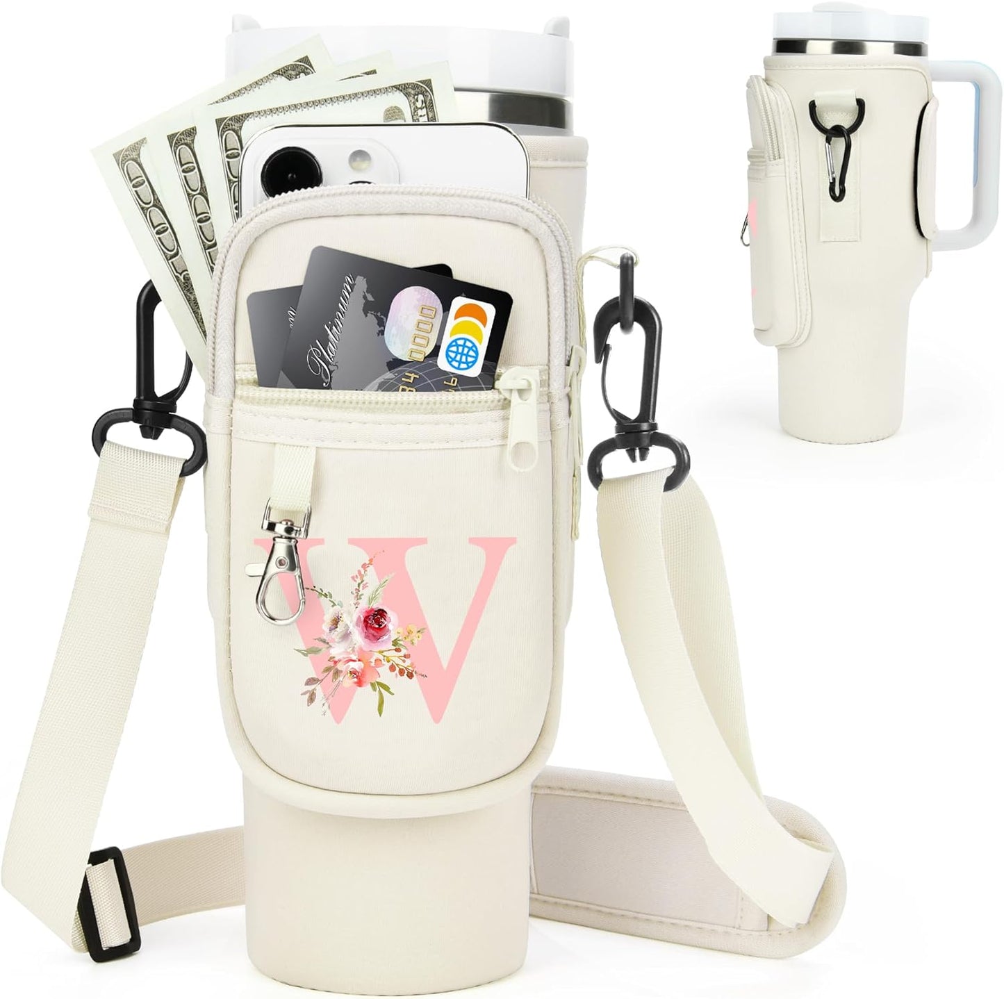 Initial Water Bottle Holder with Strap for Stanley Cup Accessories 40 oz/Simple Modern Tumbler, Birthdays for Women Girls, Water Bottle Carrier Bag with Phone Pocket,Hiking Walking Gym Camping