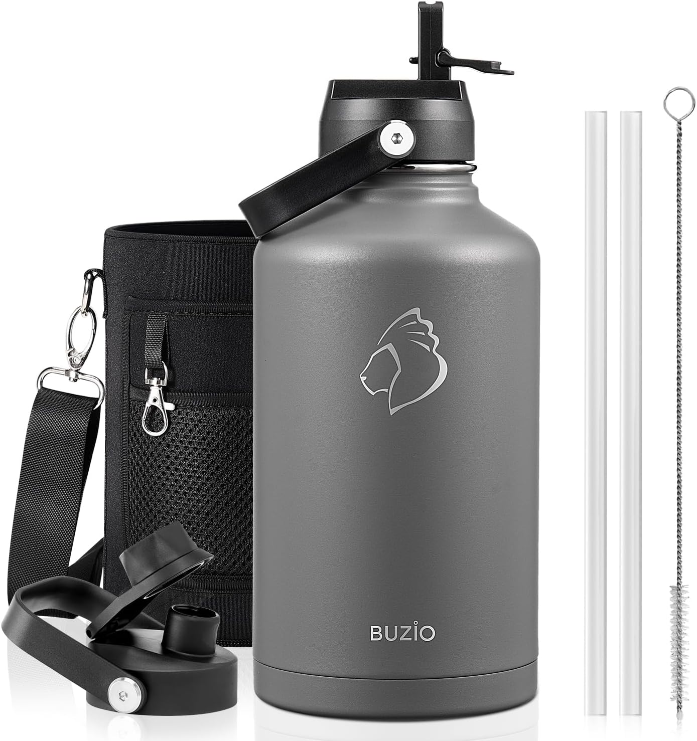 BUZIO 40oz Insulated Water Bottle, Triple Wall Vacuum Stainless Steel Water Flask with 2 lids, Lead-Free BPA-Free Straw Lid Sports Canteen Jug, Cold 48H & Hot 24H- Black - Colors A