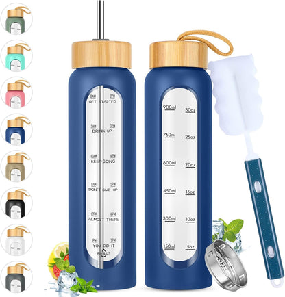 SipZest 32 oz Glass Water Bottle with Straw - Motivational Time Marker & Silicone Sleeve - Reusable Tumbler Includes 2 Bamboo Lids & Fruit Infuser - 1 Pack