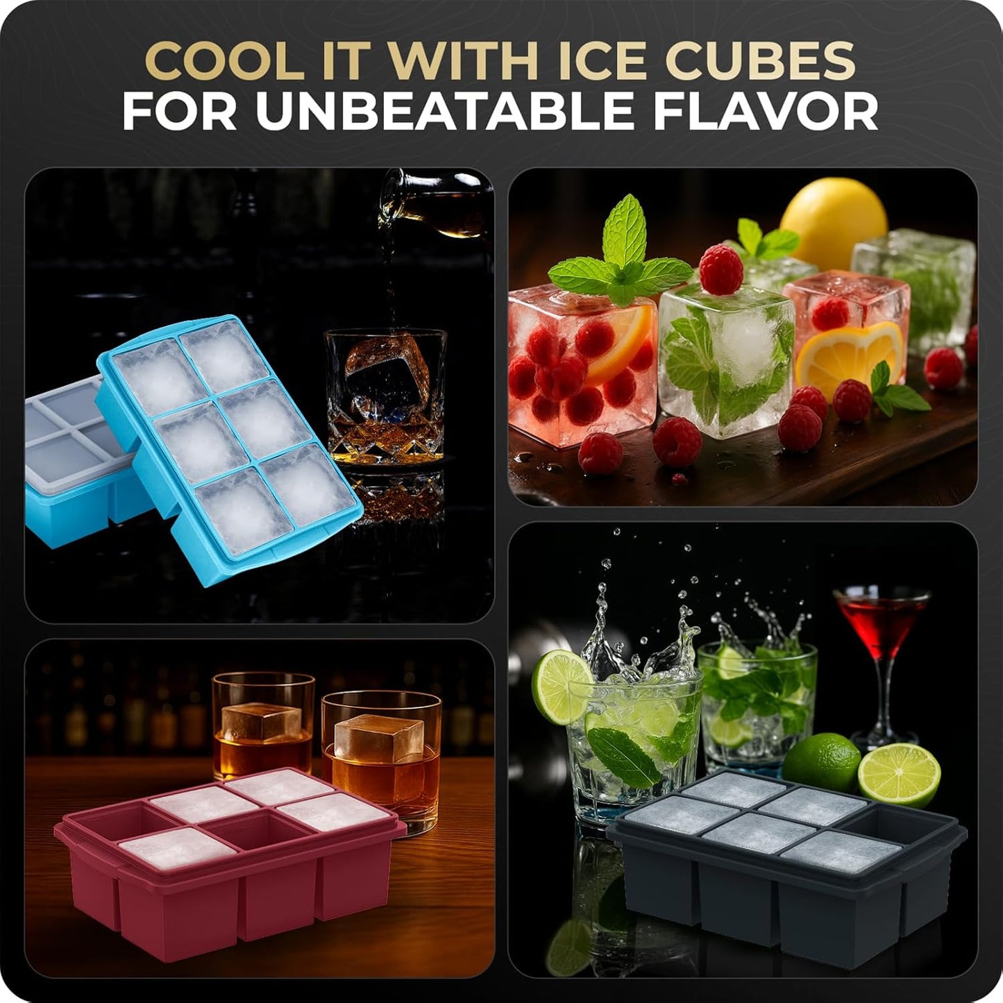 Large Ice Cube Trays for Whiskey, Silicone Ice Cube Tray, with Reinforced Steel Ring Top, Makes 12 perfect 2-in ice cubes, Square Ice Tray for Cocktails, Whiskey, Coffee. (2 Pack)