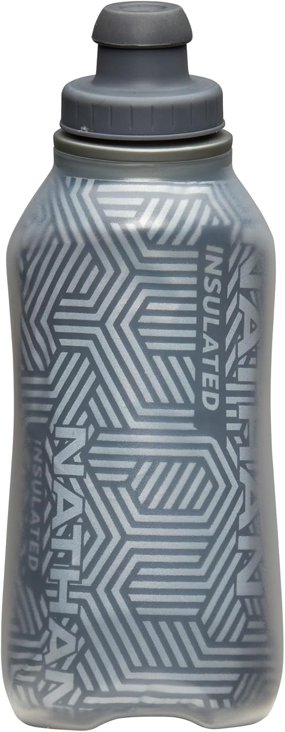 Nathan SpeedDraw 2 Insulated Handheld Running Water Bottle Flask 18oz – Double-Wall Insulation, Ergonomic Grip, Blast Valve Cap, Phone & Key Storage Pockets, Reflective Design