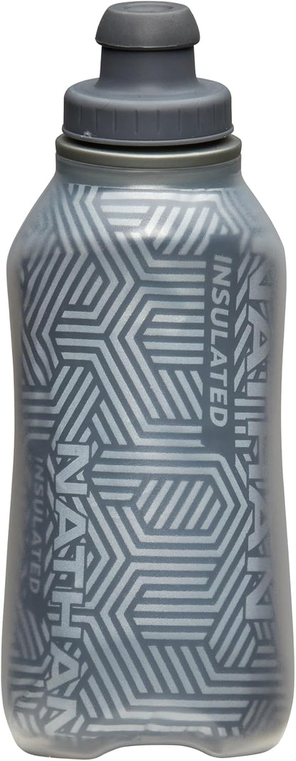 Nathan SpeedDraw 2 Insulated Handheld Running Water Bottle Flask 18oz – Double-Wall Insulation, Ergonomic Grip, Blast Valve Cap, Phone & Key Storage Pockets, Reflective Design