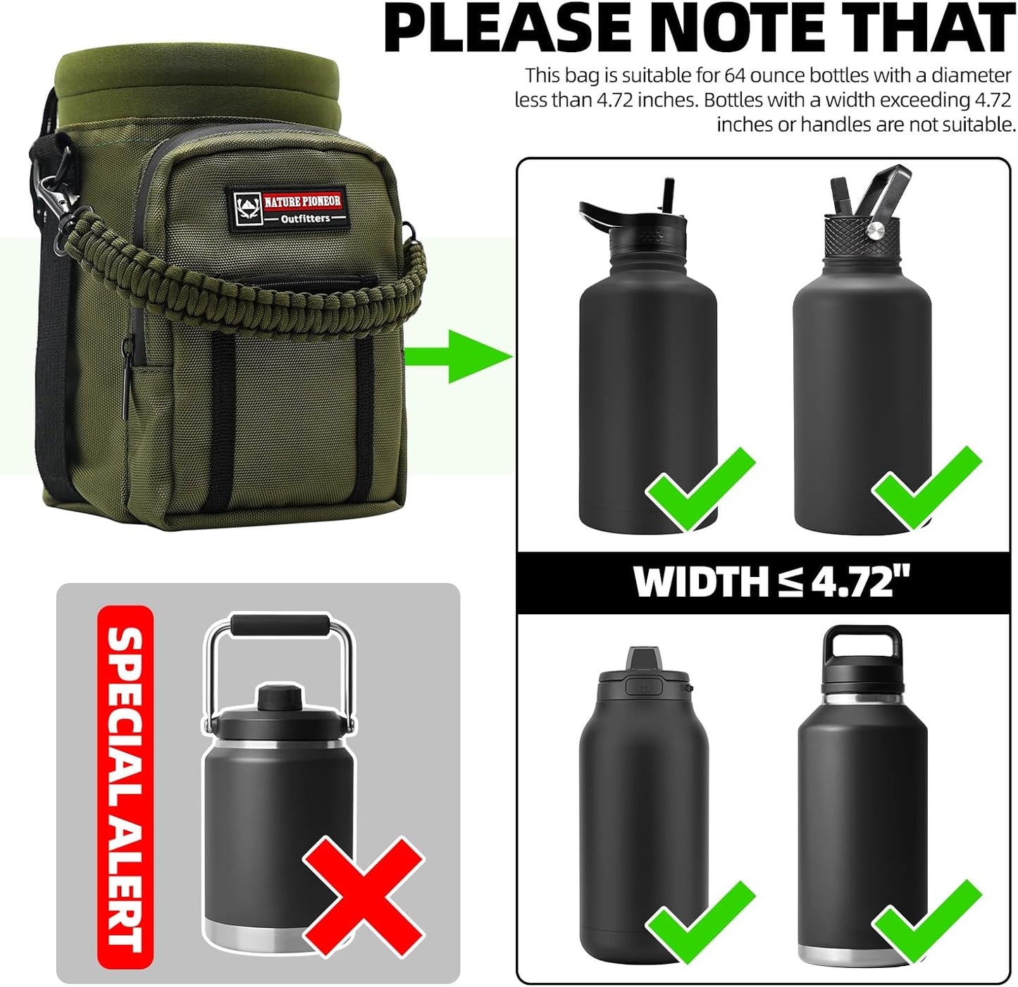 NATURE PIONEOR Water Bottle Holder with Adjustable Strap - 26/32/36/40/46/64oz Insulated Water Bottle Sling Carrier with Paracord Handle & 2 Pockets, Outdoor Sports, Hiking, Camping, Gym